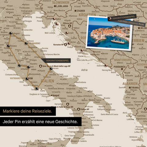 Modern Europe map in the color Desert Sand as a Push Pin Map shows a section of Italy, Croatia, and Greece, where already visited travel destinations are marked with pins