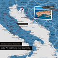 Modern Europe map in the color blue as a Push Pin Map shows a section of Italy, Croatia, and Greece, where already visited travel destinations are marked with pins