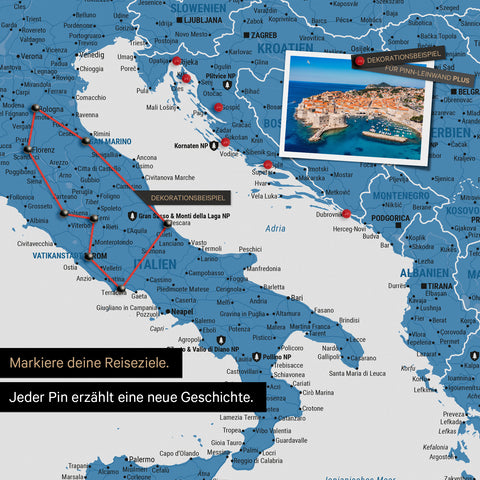 Modern Europe map in the color blue as a Push Pin Map shows a section of Italy, Croatia, and Greece, where already visited travel destinations are marked with pins