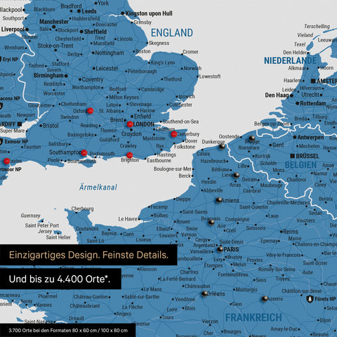 Europe map in blue as a canvas for pinning shows a section of England, France, and Belgium with many details such as national parks, rivers, and numerous small towns and cities, some of which are marked with pins