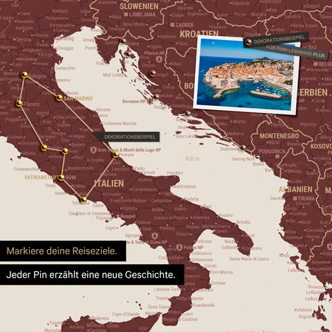 Modern Europe map in the color Bordeaux red as a Push Pin Map shows a section of Italy, Croatia, and Greece, where already visited travel destinations are marked with pins