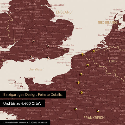 Europe map in Bordeaux red as a canvas for pinning shows a section of England, France, and Belgium with many details such as national parks, rivers, and numerous small towns and cities, some of which are marked with pins
