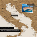 Modern Europe map in bronze color as Push Pin Map shows a section of Italy, Croatia, and Greece, with already visited travel destinations marked by pins