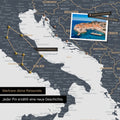 Modern Europe map in the color Denim Blue as a Push Pin Map shows a section of Italy, Croatia, and Greece, where already visited travel destinations are marked with pins