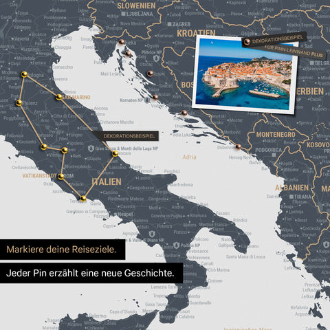 Modern Europe map in the color Denim Blue as a Push Pin Map shows a section of Italy, Croatia, and Greece, where already visited travel destinations are marked with pins