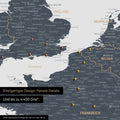 Europe map in Denim Blue as a canvas for pinning shows a section of England, France, and Belgium with many details such as national parks, rivers, and numerous small towns and cities, some of which are marked with pins