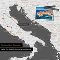 Modern Europe map in the color dark gray as a Push Pin Map shows a section of Italy, Croatia, and Greece, where already visited travel destinations are marked with pins