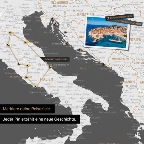 Modern Europe map in the color dark gray as a Push Pin Map shows a section of Italy, Croatia, and Greece, where already visited travel destinations are marked with pins