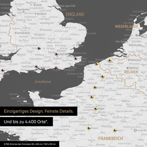 Europe map in dark gray as a canvas for pinning shows a section of England, France, and Belgium with many details such as national parks, rivers, and numerous small towns and cities, some of which are marked with pins