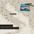 Modern Europe map in gold color as Push Pin Map shows a section of Italy, Croatia, and Greece, where already visited travel destinations are marked with pins