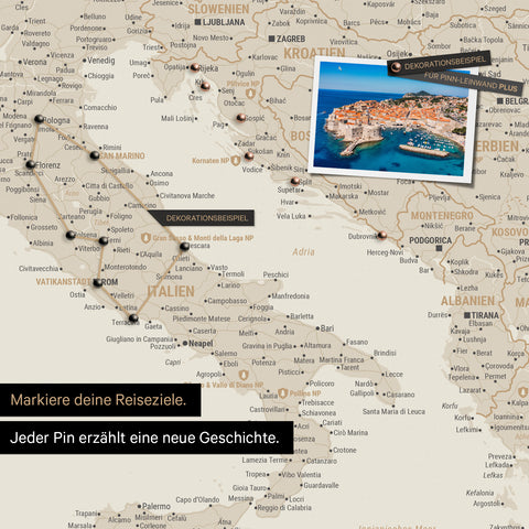 Modern Europe map in gold color as Push Pin Map shows a section of Italy, Croatia, and Greece, where already visited travel destinations are marked with pins