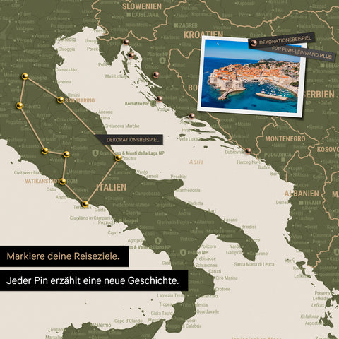 Modern Europe map in olive green color as Push Pin Map shows a section of Italy, Croatia, and Greece, with already visited travel destinations marked by pins