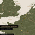 Europe map in olive green as canvas for pinning shows a section of England, France, and Belgium with many details such as national parks, rivers, and numerous small towns and cities, some of which are marked with pins