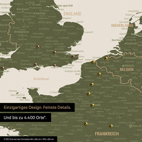 Europe map in olive green as canvas for pinning shows a section of England, France, and Belgium with many details such as national parks, rivers, and numerous small towns and cities, some of which are marked with pins