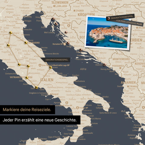 Modern Europe map in the color Hale Navy (blue-gold) as a Push Pin Map shows a section of Italy, Croatia, and Greece, with already visited travel destinations marked by pins