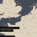 Europe map in Hale Navy (blue-gold) as canvas for pinning shows a section of England, France, and Belgium with many details such as national parks, rivers, and numerous small towns and cities, some of which are marked with pins
