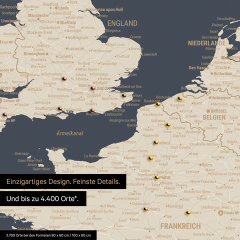 Europe map in Hale Navy (blue-gold) as canvas for pinning shows a section of England, France, and Belgium with many details such as national parks, rivers, and numerous small towns and cities, some of which are marked with pins