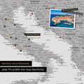 Modern Europe map in the color light gray as a Push Pin Map shows a section of Italy, Croatia, and Greece, where already visited travel destinations are marked with pins