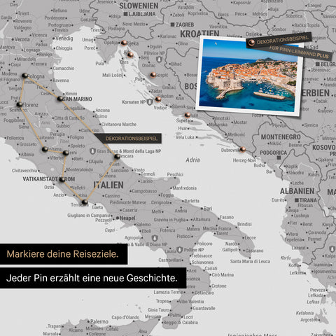 Modern Europe map in the color light gray as a Push Pin Map shows a section of Italy, Croatia, and Greece, where already visited travel destinations are marked with pins
