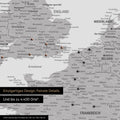 Europe map in light gray as a canvas for pinning shows a section of England, France, and Belgium with many details such as national parks, rivers, and numerous small towns and cities, some of which are marked with pins