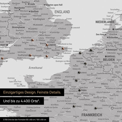 Europe map in light gray as a canvas for pinning shows a section of England, France, and Belgium with many details such as national parks, rivers, and numerous small towns and cities, some of which are marked with pins