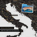 Modern Europe map in the color Light Black (White-Black) as a Push Pin Map shows a section of Italy, Croatia, and Greece, where already visited travel destinations are marked with pins