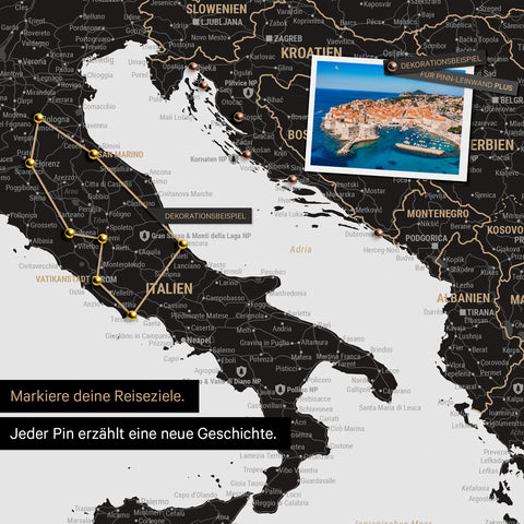 Modern Europe map in the color Light Black (White-Black) as a Push Pin Map shows a section of Italy, Croatia, and Greece, where already visited travel destinations are marked with pins