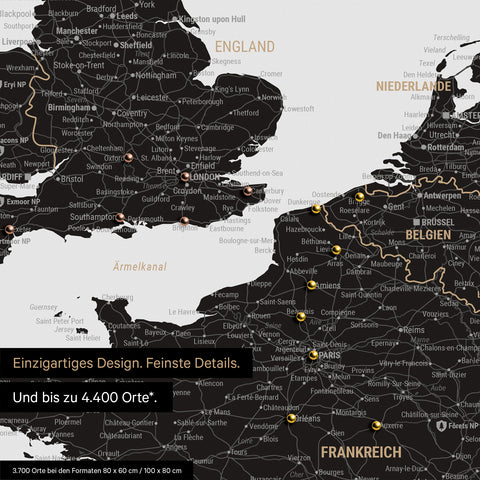 Europe map in Light Black (White-Black) as canvas for pinning shows a section of England, France, and Belgium with many details such as national parks, rivers, and numerous small towns and cities, some of which are marked with pins