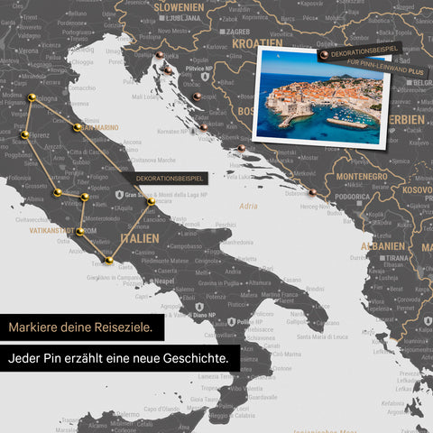 Modern Europe map in the color Light Gray as a Push Pin Map shows a section of Italy, Croatia, and Greece, with already visited travel destinations marked by pins