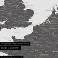 Europe map in light gray as canvas for pinning shows a section of England, France, and Belgium with many details such as national parks, rivers, and numerous small towns and cities, some of which are marked with pins