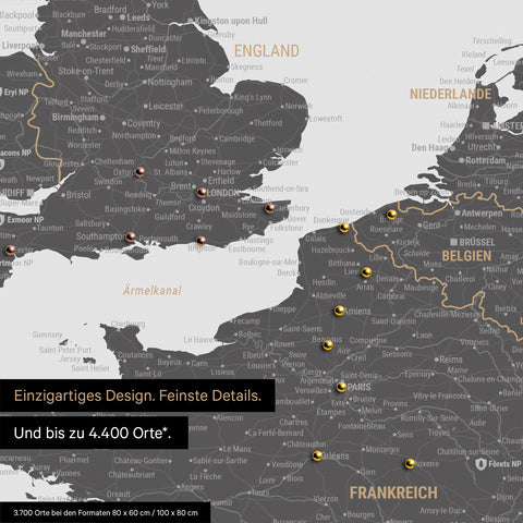 Europe map in light gray as canvas for pinning shows a section of England, France, and Belgium with many details such as national parks, rivers, and numerous small towns and cities, some of which are marked with pins
