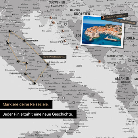 Modern Europe map in the color multicolor gray as a Push Pin Map shows a section of Italy, Croatia, and Greece, where already visited travel destinations are marked with pins