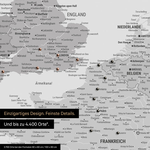 Europe map in multicolor gray as canvas for pinning shows a section of England, France, and Belgium with many details such as national parks, rivers, and numerous small towns and cities, some of which are marked with pins