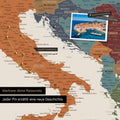 Modern Europe map in the color Multicolor Vivid as a Push Pin Map shows a section of Italy, Croatia, and Greece, where already visited travel destinations are marked with pins