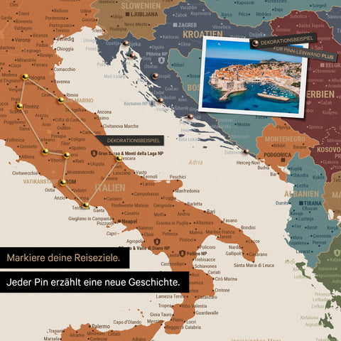 Modern Europe map in the color Multicolor Vivid as a Push Pin Map shows a section of Italy, Croatia, and Greece, where already visited travel destinations are marked with pins