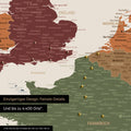 Europe map in multicolor vivid as canvas for pinning shows a section of England, France, and Belgium with many details such as national parks, rivers, and numerous small towns and cities, some of which are marked with pins