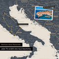 Modern Europe map in the color Navy Light as a Push Pin Map shows a section of Italy, Croatia, and Greece, where already visited travel destinations are marked with pins