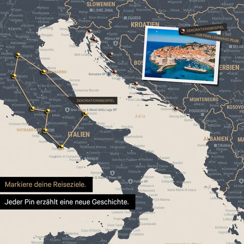 Modern Europe map in the color Navy Light as a Push Pin Map shows a section of Italy, Croatia, and Greece, where already visited travel destinations are marked with pins