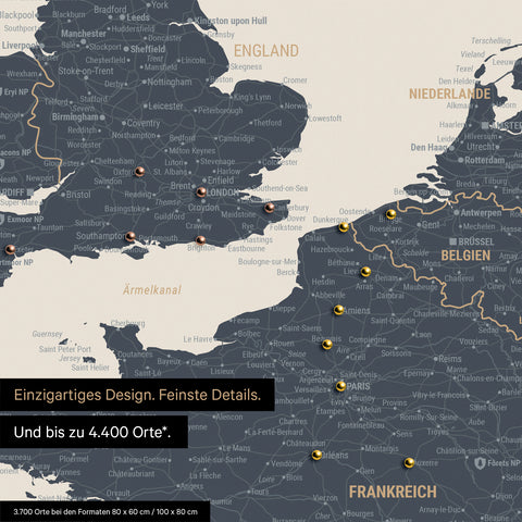 Europe map in Navy Light as a canvas for pinning shows a section of England, France, and Belgium with many details such as national parks, rivers, and numerous small towns and cities, some of which are marked with pins