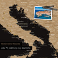 Modern Europe map in the color Treasure Gold as a Push Pin Map shows a section of Italy, Croatia, and Greece, where already visited travel destinations are marked with pins