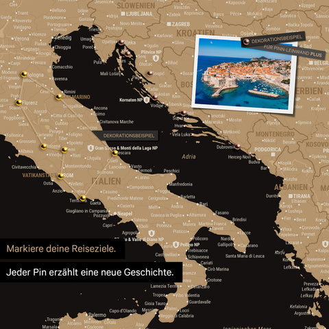Modern Europe map in the color Treasure Gold as a Push Pin Map shows a section of Italy, Croatia, and Greece, where already visited travel destinations are marked with pins