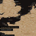 Europe map in Treasure Gold as a canvas for pinning shows a section of England, France, and Belgium with many details such as national parks, rivers, and numerous small towns and cities, some of which are marked with pins