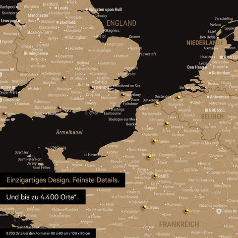 Europe map in Treasure Gold as a canvas for pinning shows a section of England, France, and Belgium with many details such as national parks, rivers, and numerous small towns and cities, some of which are marked with pins