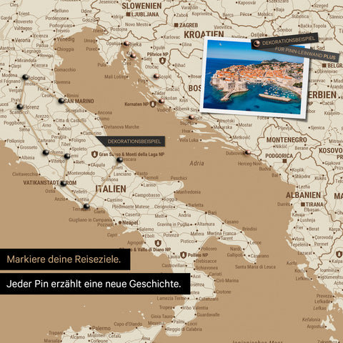 Modern Europe map in the color Treasure Gold as a Push Pin Map shows a section of Italy, Croatia, and Greece, where already visited travel destinations are marked with pins