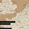Europe map in Treasure Gold as a canvas for pinning shows a section of England, France, and Belgium with many details such as national parks, rivers, and numerous small towns and cities, some of which are marked with pins