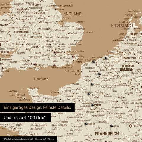 Europe map in Treasure Gold as a canvas for pinning shows a section of England, France, and Belgium with many details such as national parks, rivers, and numerous small towns and cities, some of which are marked with pins