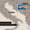 Modern Europe map in the color Warmgray (brown-gray) as a Push Pin Map shows a section of Italy, Croatia, and Greece, with already visited travel destinations marked by pins