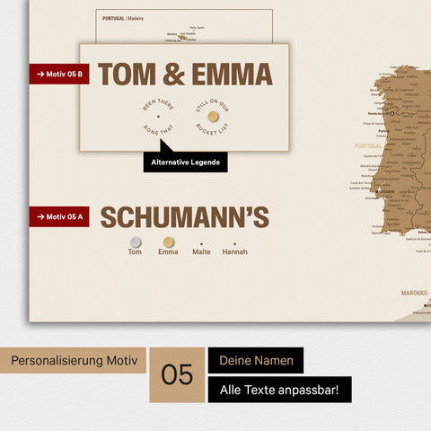 Magnetische Europa-Karte in einem modernen Design in Bronze als Magnetboard mit Personalisierung als Logo mit einer Weltkugel