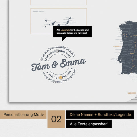 Personalisierte Magnet-Europakarte in Denim Blue mit rundem Logo, das eine Legende für bereits besuchte Reiseziele beinhaltet