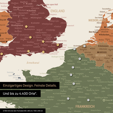Ausschnitt einer magnetischen Europakarte in Multicolor Vivid zeigt einen Ausschnitt von England, Frankreich und Belgien mit Details wie Nationalparks, Flüssen und zahlreichen kleineren Orten und Städten